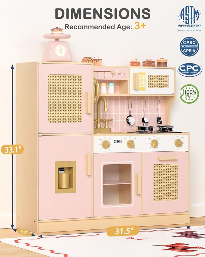 Babytronic Wooden Kitchen Playset for Kids - Pink Pretend Play Kitchen with Lights & Sounds, Retro Style Toy Kitchen for Toddlers Ages 3+, Wooden Play Kitchen Set with Realistic Design (Pink)
