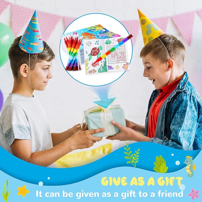 BenLouis 12 Under the Sea Mini Coloring Books Kids with 12 Stacking Crayons Ocean Animals Party Favors Small Activity Books Bulk for Kids Fish Birthday Party Gift Goodie Bag Stuffers