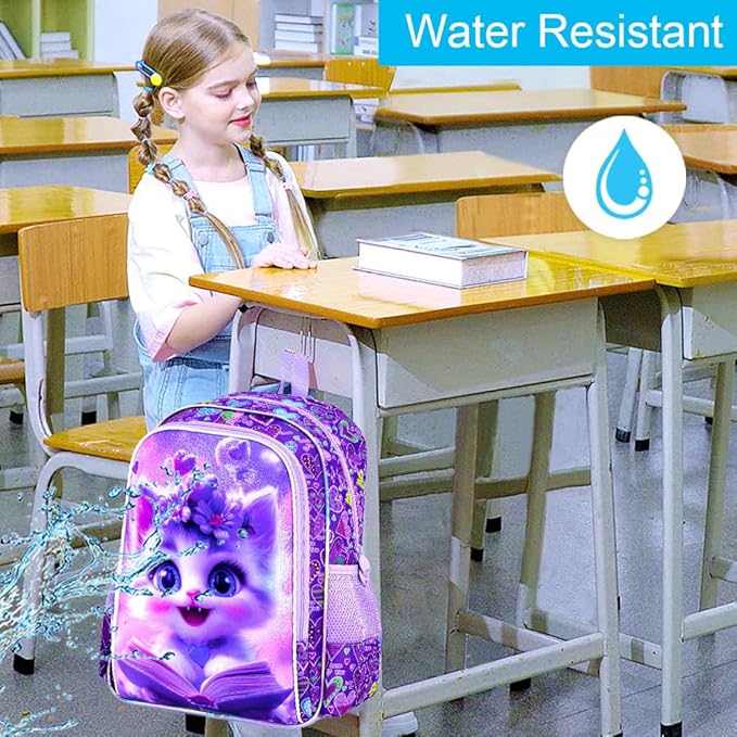 CCJPX 3Pcs Cat Backpack for Girls, 16” Kids Bookbag with Lunch Box, Water Resistant Elementary School Bag for Kindergarten Preschool Toddler (Purple)