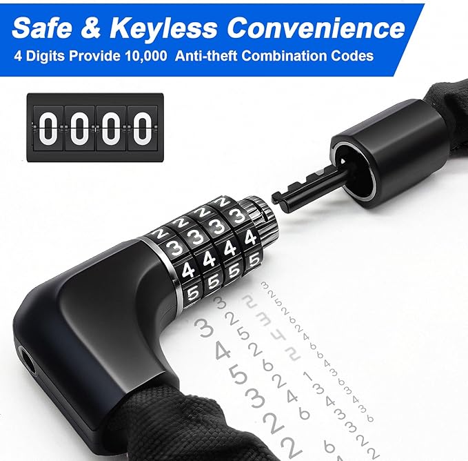 NDakter Upgrade Bike Chain Lock with 4 Digit Combination and 2 Keys, 3.2/4.28 Ft Heavy Duty Anti-Theft Bicycle Lock, 2 Ways to Unlock High Security Scooter Locks for Ebike, Escooter, Door