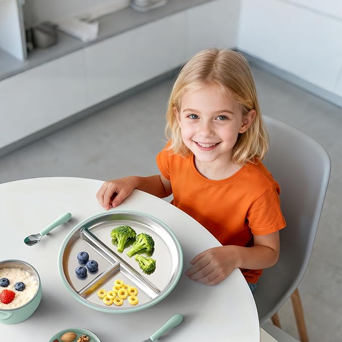 Stainless Steel Suction Plates for Toddlers, 9" Divided Kids Baby Plates with Removable Silicone Suction, Non Toxic Non Slip Portion Control Snack Dishes 4 Packs, Blue Green Gray Pink