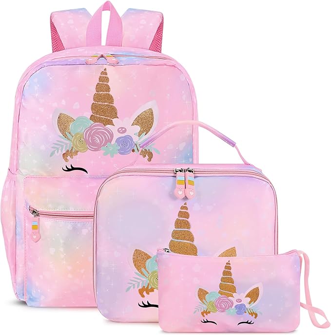 Cokouchyi 3 Pcs Kids Backpack Set with Lunch Box & Pencil Case, Lightweight Preschool Backpack for Girls Age 3-8, Kids Book bag Elementary, Unicorn