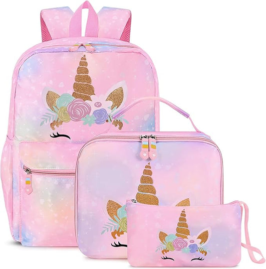Cokouchyi 3 Pcs Kids Backpack Set with Lunch Box & Pencil Case, Lightweight Preschool Backpack for Girls Age 3-8, Kids Book bag Elementary, Unicorn