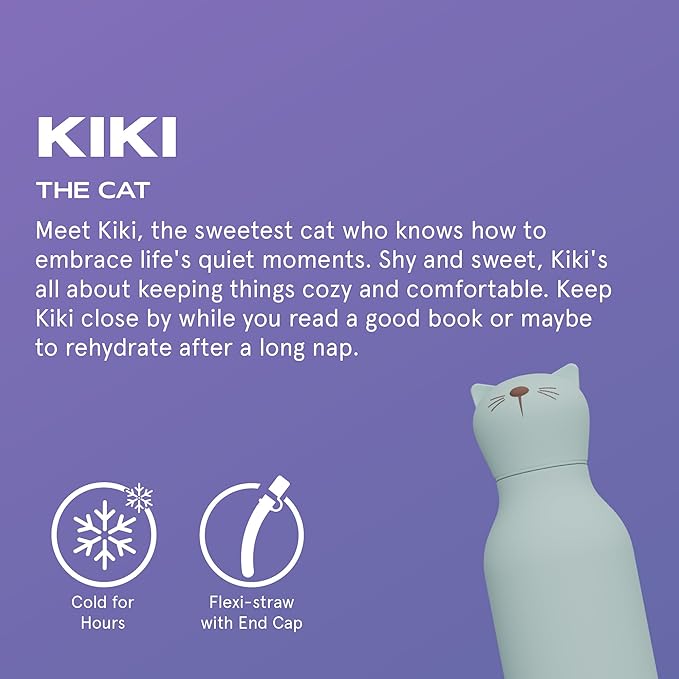 asobu Bestie Bottle Insulated Stainless Steel Water Bottle with Detachable Soft Animal Head Fun Drinking For Kids and Teens with Flexible Reusable Straw 16 Ounce (Cat)