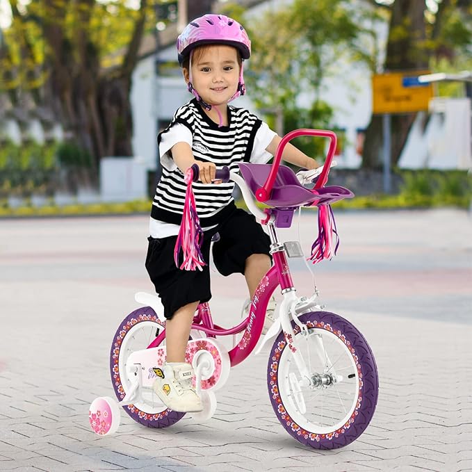 BABY JOY Kids Bike, 12 14 16 18 Inch Children Bicycle w/Detachable Training Wheels, Storage Basket, Adjustable Seat & Handlebar, Bow or Streamer, Girls Bike for 3-8 Years Old