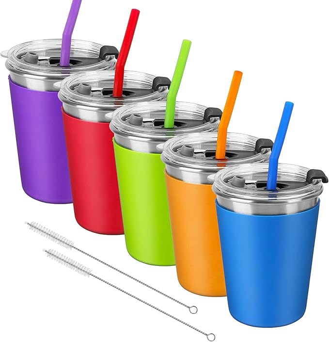 Kids Cups with Straws and Lids Leak Proof, 5 Pack 10oz Sippy Cups With Straws Spill Proof Cup for Toddlers, Stainless Steel Sippy Cup with Lid for Hot & Cold Drinks, Straw Cup for School, Outdoor