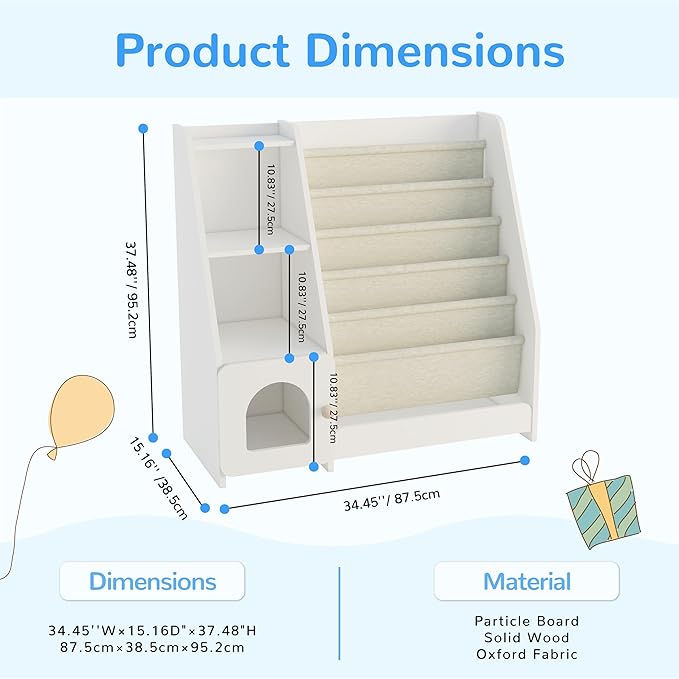FKWin Kids Bookshelf, Kids Toy Storage Organizer, Baby Storage Book Rack, 4 Tier Kids Wooden Bookshelves, 5 Layer Sling Bookcase for Playroom, Bedroom, Living Room, Kids Room, Nursery, School(White)