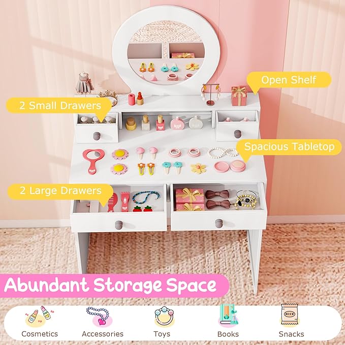 Costzon Kids Vanity, Princess Makeup Dressing Desk with Mirror and Stool, 4 Storage Drawers, Pretend Play Vanity Table and Chair Set for Little Girls (White)