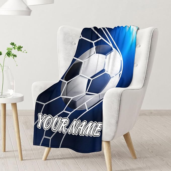 Personalized Soccer Blanket for Boys and Girls - 40x50 Inches Small Size - Soft Fuzzy Cozy Throws Gift for Soccer Team - Blue Sports Throw Blanket for Couch, Living Room & Office