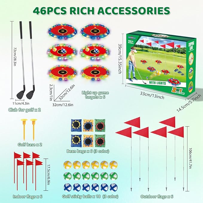 Light Up Golf Play Set - Upgraded Backyard Golf Chipping Game with 6 LED Targets, 2 Clubs, 18 Balls, 6 Bean Bags, Night Golf Toys Gifts for Kids Golfers Family Indoor Outdoor Beach Lawn Park