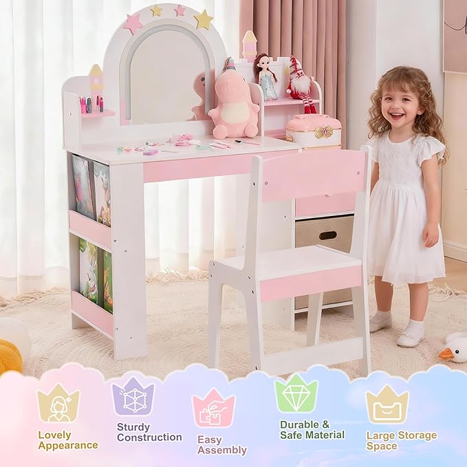 Karl home Kids Vanity Set with Lighted Mirror and Stool, Princess Makeup Vanity Desk with Bookshelf & Drawers, Toddler Dressing Table and Chair Set with Storage Shelves for Little Girls, White