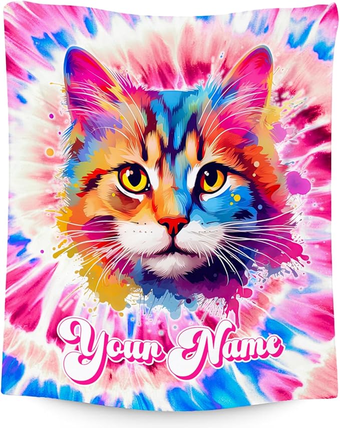 UNIKITTY Girls Blanket, Cat Blanket Gifts for Girls Toddlers, Personalized Rainbow Throw, Custom Flannel Kids Throws with Cat On It (4 Sizes)