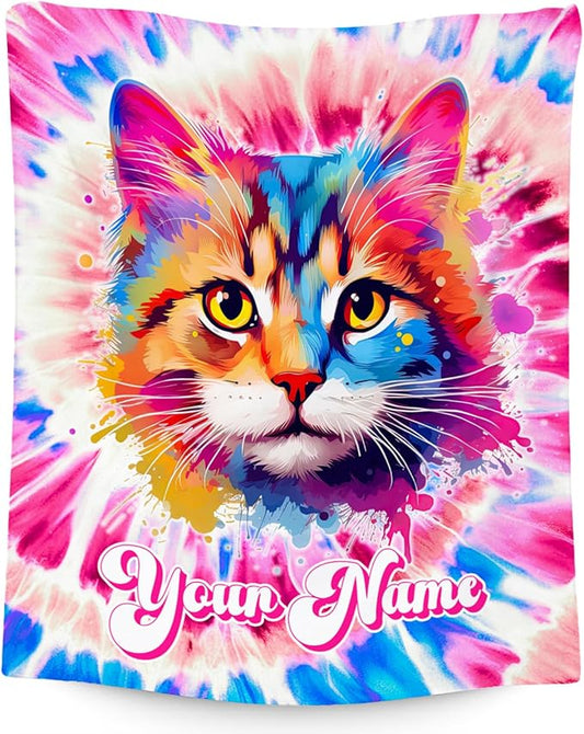 UNIKITTY Girls Blanket, Cat Blanket Gifts for Girls Toddlers, Personalized Rainbow Throw, Custom Flannel Kids Throws with Cat On It (4 Sizes)