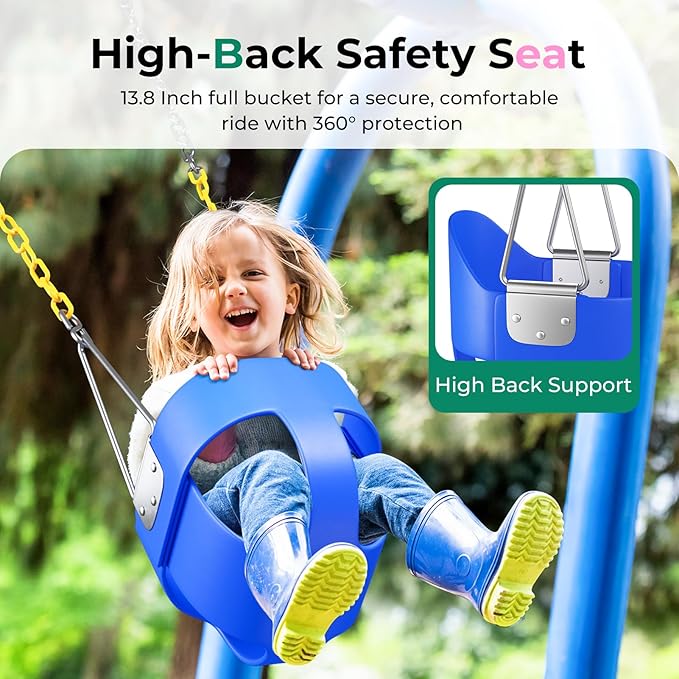 DECORLIFE Toddler Swing Seat, Outdoor Baby Swing with Coated Chains, Heavy Duty High Back Full Bucket Swing Chair with Ant-Loosening Carabiners, Fully Assembled Swingset Accessories for Backyard, Blue
