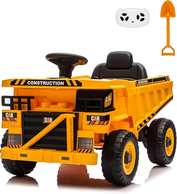 Ride On Construction Truck, 12V Battery Powered Ride On Car with Remote Control, Kids Electric Vehicle with Shovel, Speaker, Yellow
