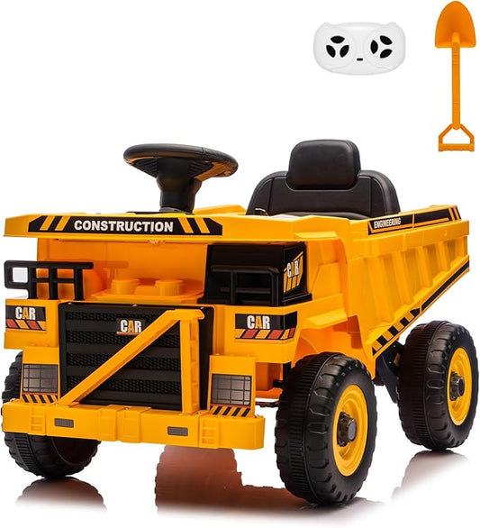 Ride On Construction Truck, 12V Battery Powered Ride On Car with Remote Control, Kids Electric Vehicle with Shovel, Speaker, Yellow
