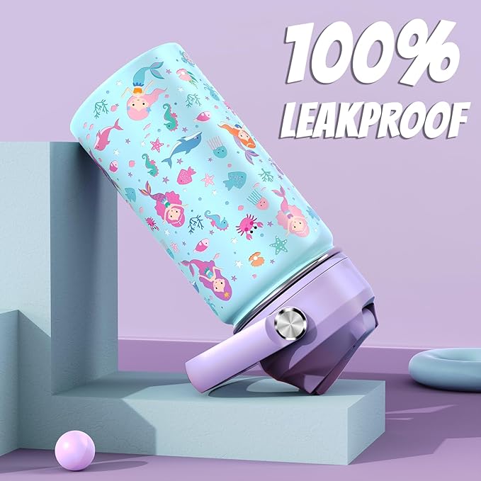 14oz Kids Insulated Water Bottle with Straw Lid - 18/8 Stainless Steel Kid Cup Travel Tumbler Double Wall Vacuum Leak Proof Portable Toddler Water Bottle (Mermaid)