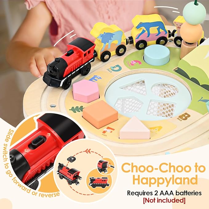 wingyz 9-in-1 Activity Table for 1 Year Old Toddler, Multi-Colorful Wooden Montessori Toys, Baby Play Table with Bead Maze Shape Sorter Train Toy, Educational Gifts for 12 Months+ Kids Boys Girls