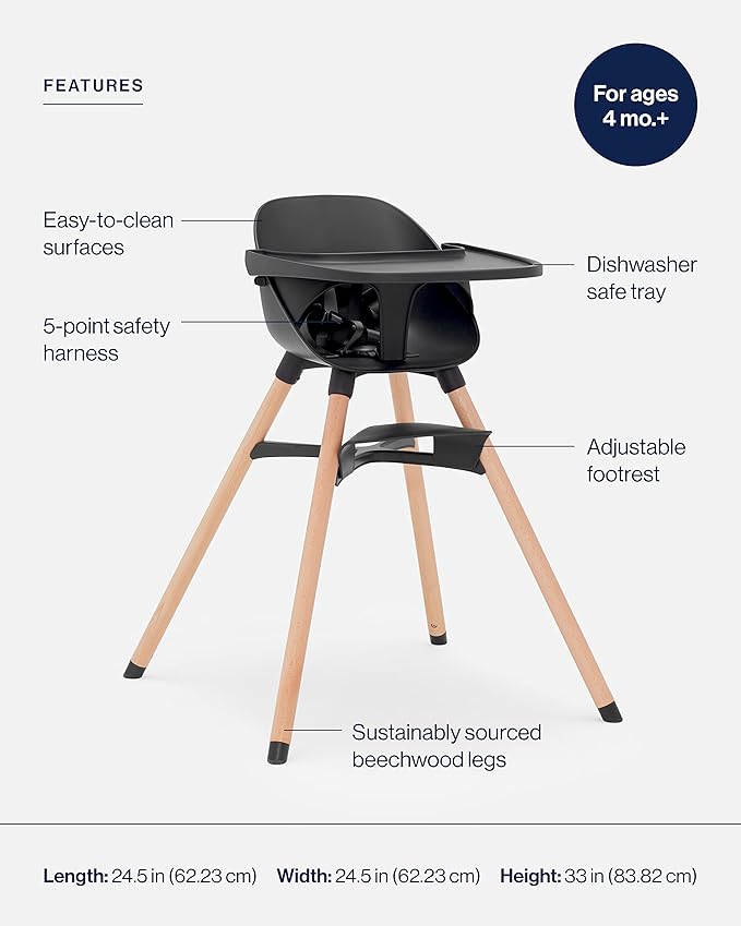 Lalo The Chair Convertible 3-in-1 High Chair for Babies & Toddlers, Dishwasher Safe Tray, Adjustable Footrest, Licorice