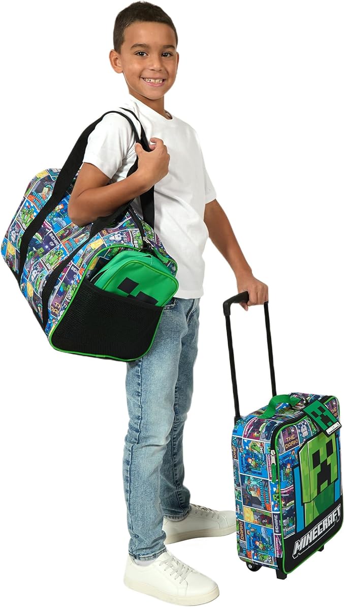 Bioworld Minecraft Creeper Youth 4-Piece Travel Set-14 Carry-on, Duffle Bag, and Luggage Tag Set