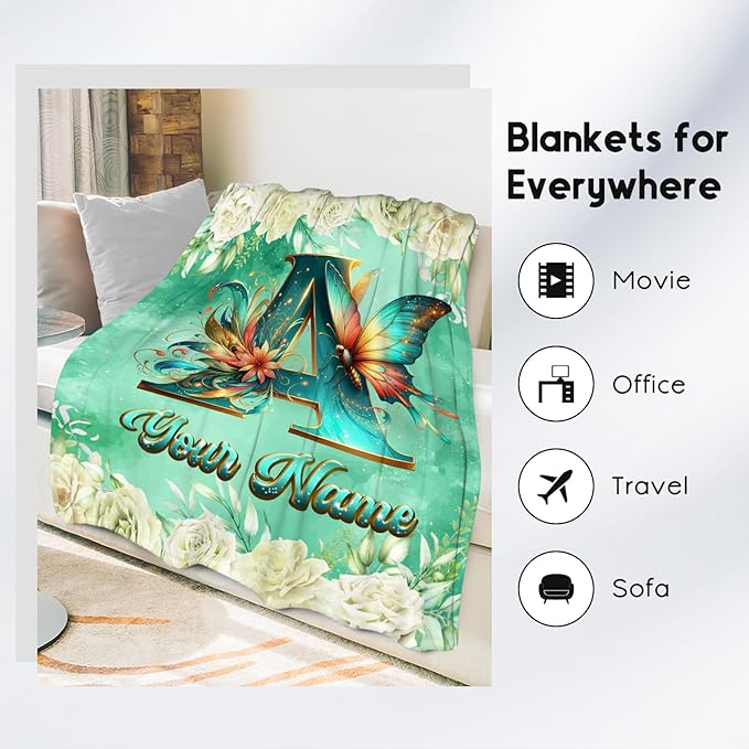 Personalized Blanket - Butterfly Blankets for Girls Women - Custom Name Gifts for Daughter - Cozy Flannel Monogram Throws - 4 Sizes for Toddler/Kids/Teens/Adults