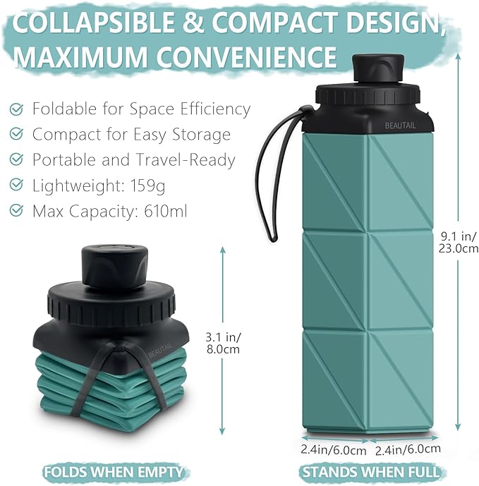 Collapsible Water Bottles, Silicone Foldable Water Bottle 610ml, Portable Lightweight Reusable Leakproof Bottle for Gym Travel Camping Hiking Sports Outdoor, 1 Pack (Blue)