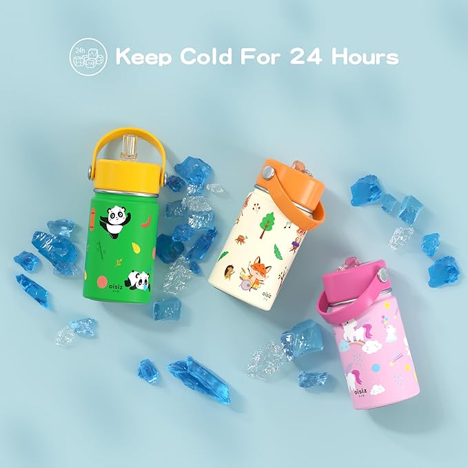 OISIZ Kids Water Bottle with Straw Lid 10oz, Vacuum Insulated 316 Stainless Steel Water Bottles for Kids for School, Leakproof Water Bottle, BPA Free and Keep Cold for 24 Hours