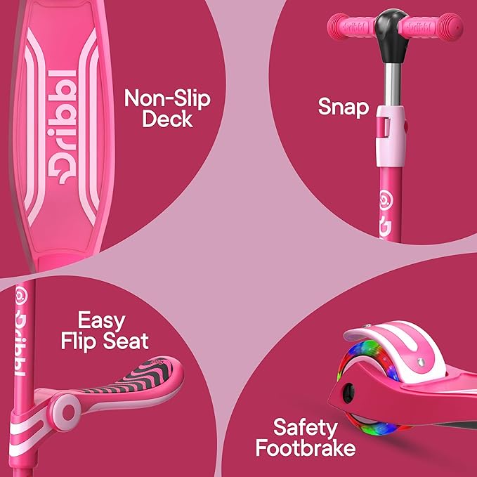 Pink 3 Wheel Scooter with Seat for Kids – Light-Up LED Wheels, Adjustable Handlebar and Seat, Smooth PU Wheels, Wide Anti-Slip Deck, Rear Foot Brake – Toddler Outdoor Toys for Ages 2+