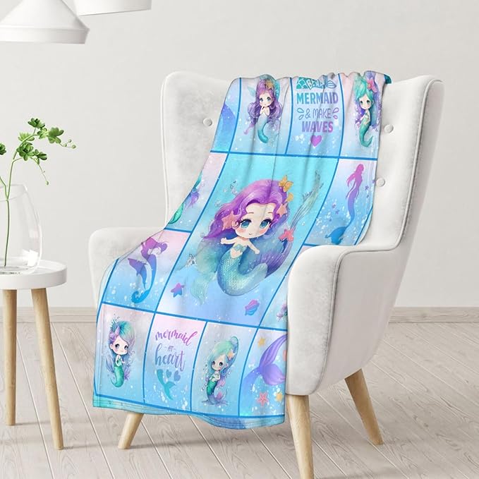 Mermaid Blanket - Soft, Fuzzy & Warm - 50"x60" Throw Size Blanket for Bed, Couch, Sofa - Blue Cute Throw Gifts for Girls
