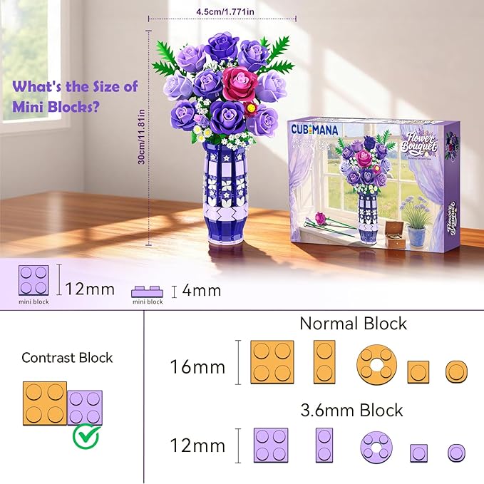 Purple Roses Flowers Building Set with Vase & LED Light, 17 Mini Flowers Bouquet Building Blocks Toy, Artificial Flowers for Home Office Decor & Display, Gifts for Adults Women Kids Girls 12+
