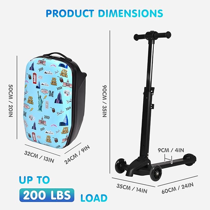 smilesun 4-in-1 Detachable Scooter Luggage for Kids & Teens, Foldable Hardside Ride On Suitcase with Wheels, Stylish and Safe Design(Blue)