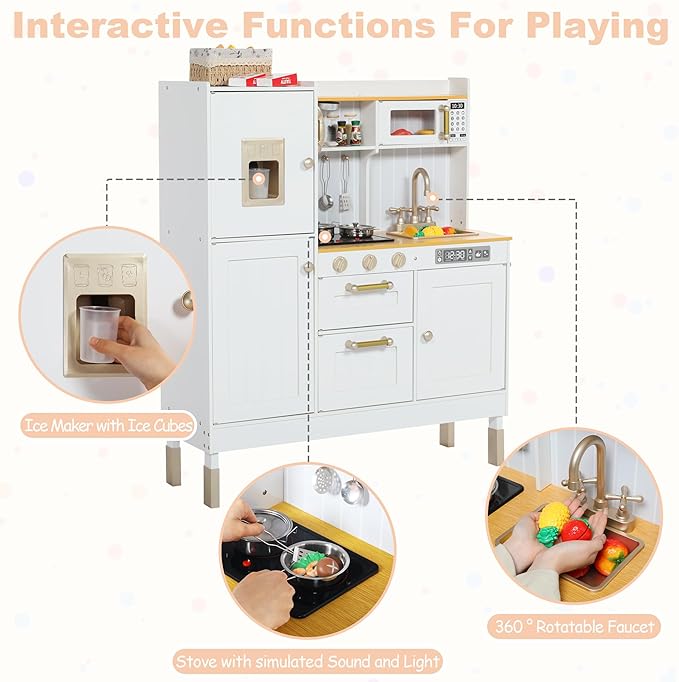 Play Kitchen for Kids, Wooden Kids Kitchen Playset with Realistic Sounds, Children Pretend Toy Kitchen Playset w/Stove, Oven & Ice Maker, Little Chef Play Kitchen for Girls and Boys, White