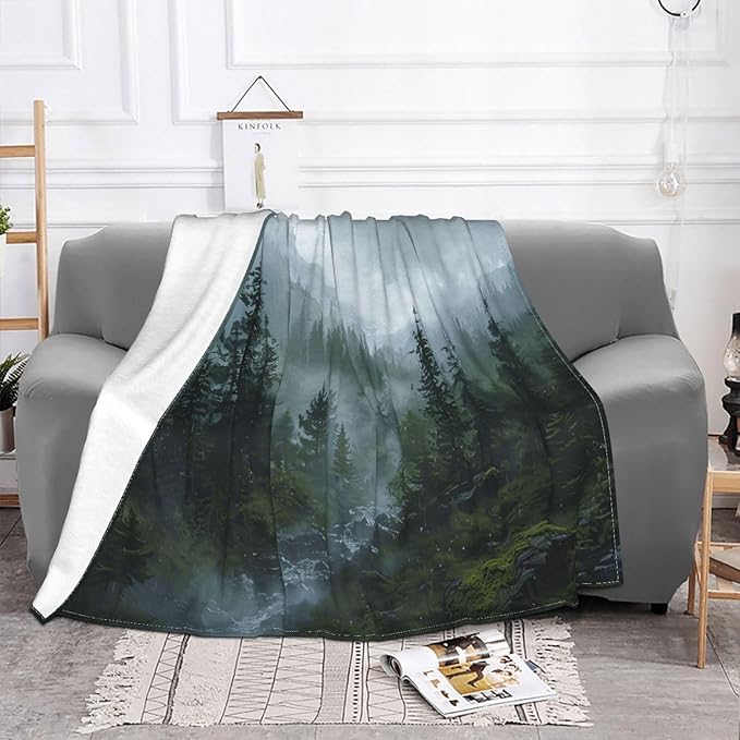 Forest Blanket Misty Mountain Tree Throw Blanket Cozy Plush Fleece Flannel Green Nature Blankets Landscape Party Gifts for Girls Boys Women Men 80"X60"