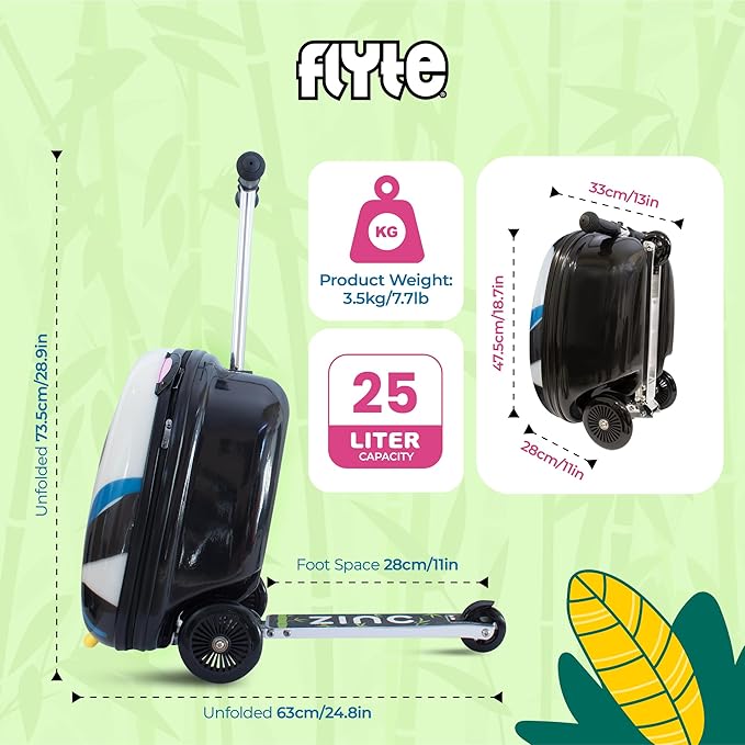 FLYTE Scooter Suitcase Folding Kids Luggage – Penni the Panda, 18 Inch Hardshell, Ride On with Wheels, 2-in-1, 25 Litre Capacity
