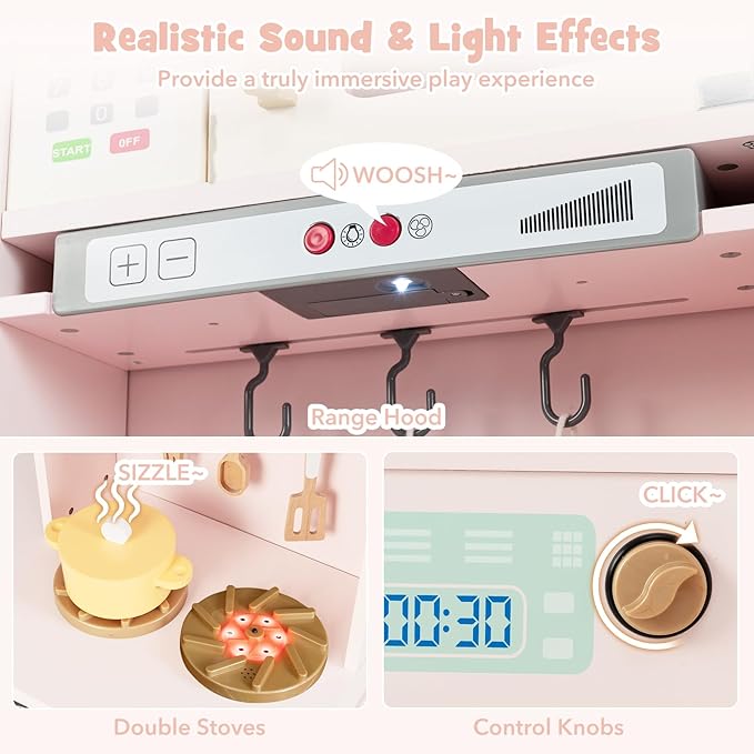 Costzon Corner Kitchen Playset, Kitchen Toy Set w/Real Lights & Sounds, Large Fridge, Ice Maker, Oven, Microwave, Washer, Trash Can & 22 Accessories, Wooden Pretend Play Kitchen for Kids 3+ (Pink)