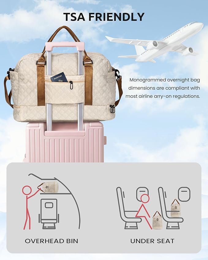 Personalized Gifts-Initial Duffle Bag with Shoe Compartment, Personalized Weekender Bag, Monogram Overnight Bag, Letter Travel Bag with Makeup Bag，Birthday Gift for Grandma (Letter O), Beige