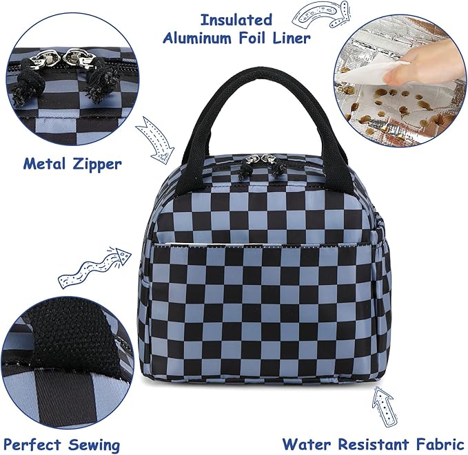 Lunch Box Kids Insulated Lunch Bag Large Reusable Leakproof Cooler Lunch Bags for Boys Girls School Travel Picnic (Gray Check)
