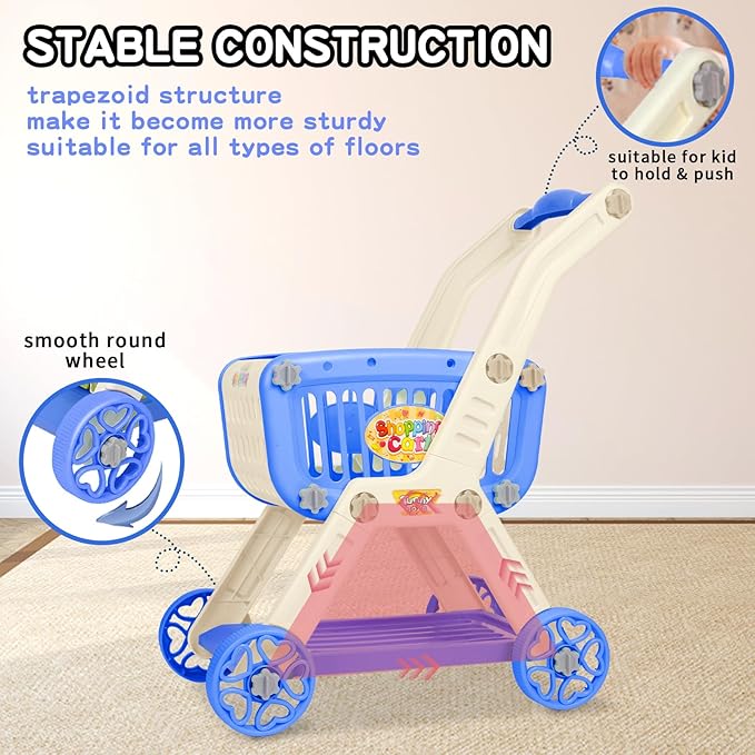 Kids Shopping Cart - 2 in 1 Toy Shopping Cart with Play Food Fruit Vegetable Dessert and Shop Accessories, 72pcs Pretend Play Grocery Store Toy Kitchen Game Trolley Play Set for Kids (Navy Blue)