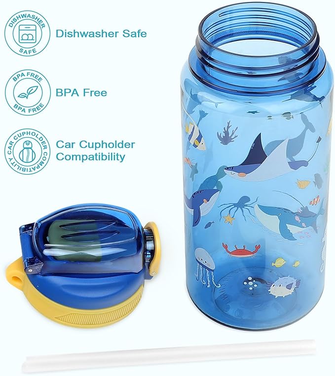 Kids Water Bottle for School or Travel, 20 Oz Durable Plastic Water Bottle with Silicone Straw and Pop-Up Spout Cover, BPA Free & Dishwasher Safe(Ocean Animals)