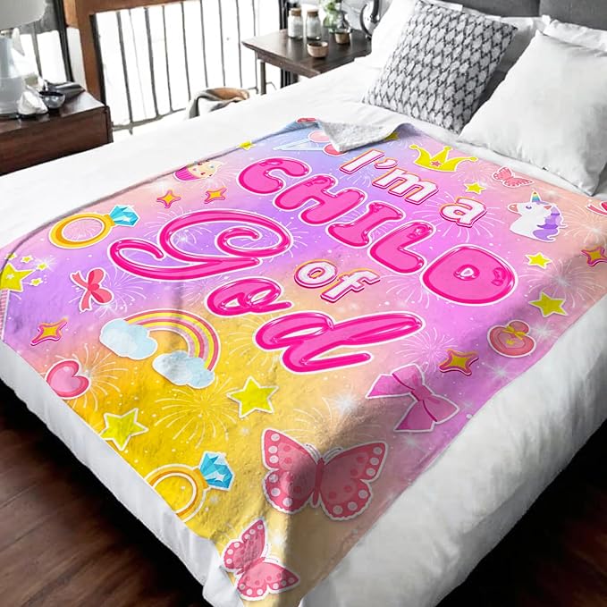 Christian Blanket for Girls, I am a Child of God Throw Blanket Gifts for Kids Girls Age 4-6, 40"x50" Cozy Fuzzy Pink Cute Flannel Inspirational Blankets Gift Throws for Couch Sofa Bed Decor