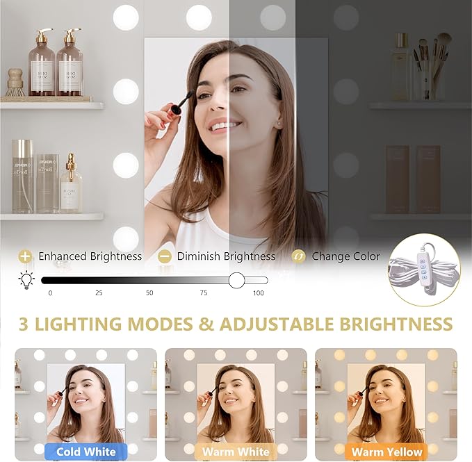 Vanity Makeup Desk with Mirror and Lights, Farmhouse Vanity Table Set with Storage Drawers, Charging Station & Chair, 43" Large Rustic Dressing Table, 3 Lighting Modes for Women Girls Bedroom, White