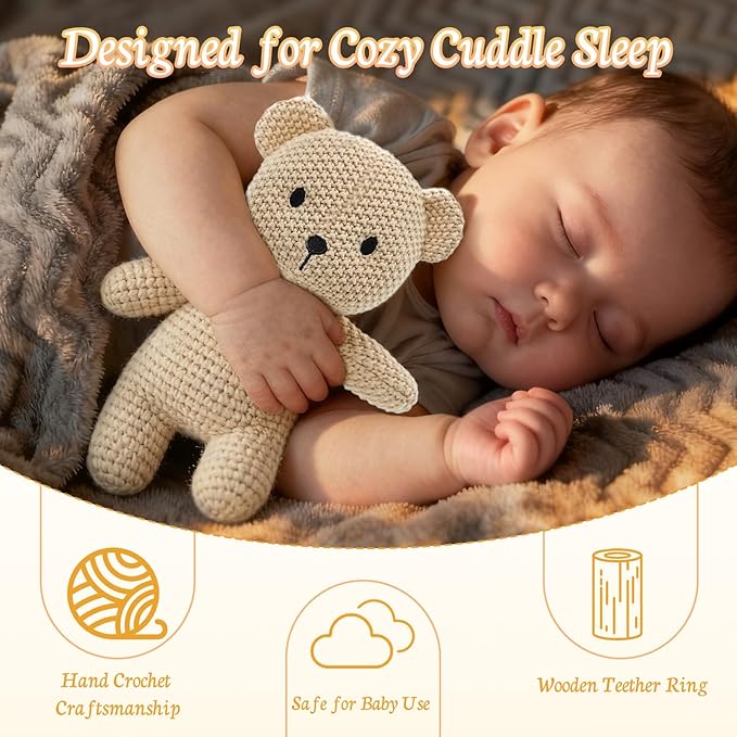 10" Crochet Bear Stuffed Animal with Rattle, Pure Cotton Soft Crochet Doll Plush Toy for Newborn, Handmade Baby Shower Gift & First Birthday Gift