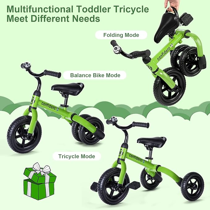 XPIY Tricycle for Toddlers Age 2-5 Years Old, 3 in 1 Folding Toddler Bike for Boys and Girls, Kids' Bike Trike with Detachable Pedal and Adjustable Seat (Green)