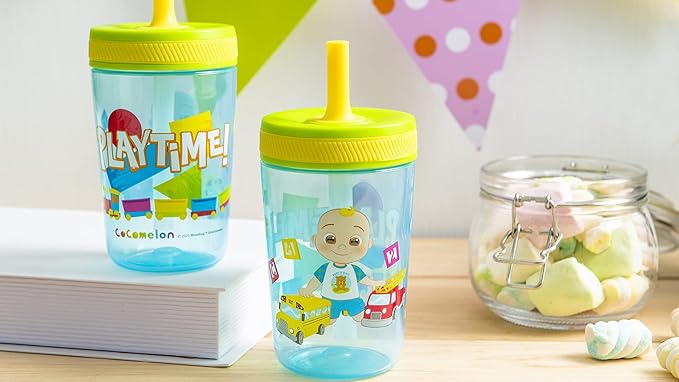 Zak Designs 15oz Cocomelon Kelso Tumbler Set, Leak-Proof Screw-On Lid with Straw Made of Durable Plastic and Silicone, Perfect Bundle for Kids