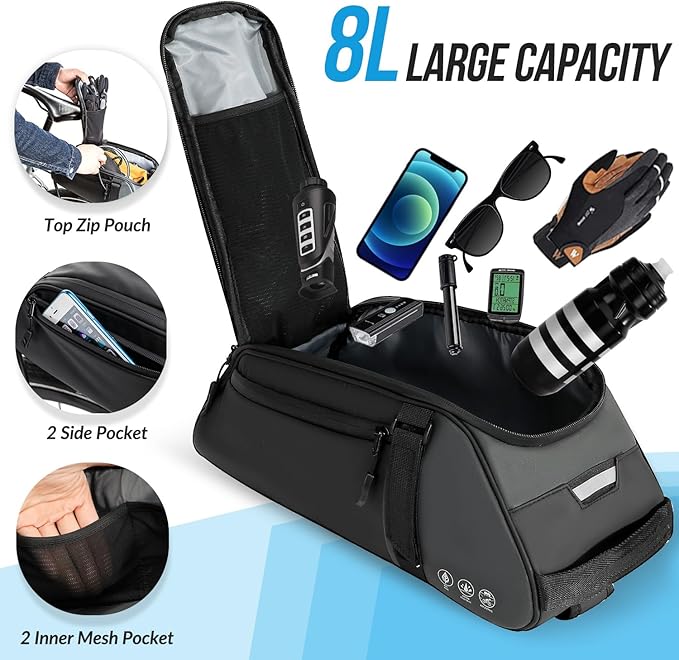 WOTOW Reflective Rear Rack Bag, Water Resistant Bike Saddle Bag Panniers for Bicycles Ebike, 8L Trunk Storage Bag, Cycling Back Seat Cargo Carrier Pouch With Shoulder Strap (With Rain Cover)