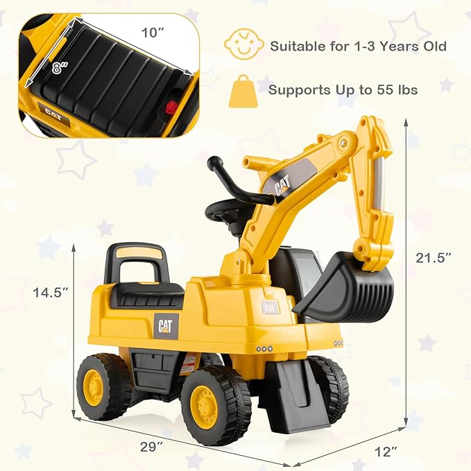 Costzon Ride on Excavator, Licensed Caterpillar Kids Excavator Digger w/Rotatable Digging Bucket, Under-seat Storage, Construction Vehicles for Kids, Ride on Toys for Toddlers 1-3 Gift (Digger)