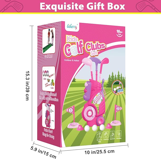 Liberry Toddler Golf Set for 2 3 4 Years Old Girls Boys, Upgraded Kids Golf Clubs Set with Golf Cart, Putting Mat, Outdoor Indoor Sports Toy Birthday Gift, Pink