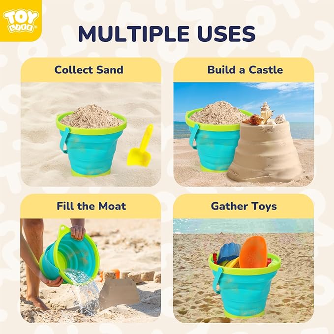 TOY Life 9 Pack Sand Buckets Toys Set with 3 Collapsible Beach Buckets 3 Shovels and 3 Rakes, Toddlers Beach Toys for Kids Ages 4-8 for Camping, Traveling, Fishing, Outdoor Summer Parties