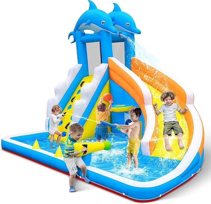 TOAOB Inflatable Water Slide,5 in 1 Dolphin Inflatable Bounce House for Kids- Climbing Wall Splash Pool Water Cannon Basketball Rim - 480W Blower - for Indoor Outdoor Backyard Birthday Party