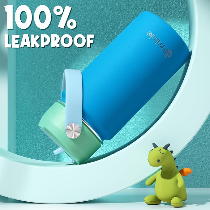 Fimibuke Kids Insulated Water Bottle, 14oz BPA FREE 18/8 Stainless Steel Travel Tumbler Double Wall Vacuum Leak Proof Kids Cup with Straw Metal Water Bottle for School Boys Girls(1 Pack, Pool)